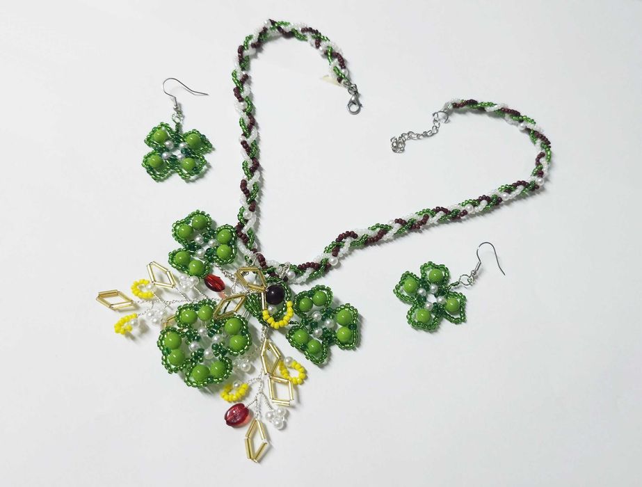 Set verde bijuterii noroc Trifoi cu 4 foi, colier, cercei, set unicat