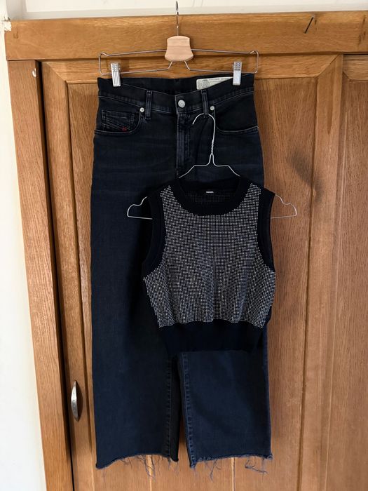 Diesel сет кроп дънки с висока талия и прав крачол кроп топ с камъчета