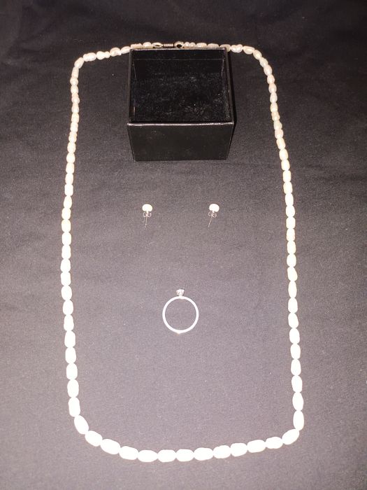 Set perle lanț +cercei +inel cu piatră inox calitate 1