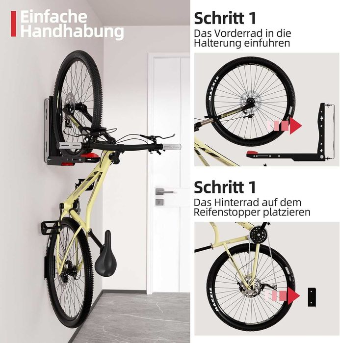 Suport de perete pentru bicicletă, set de 2 suporturi pivotante pentru garaj, economisire de spațiu, ușor de agățat și detașat, susține până la 40 kg