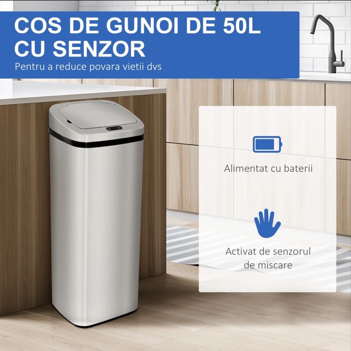 Cos Gunoi Inox 50 L – Rectangular cu Senzor Infrarosu , HOMCOM