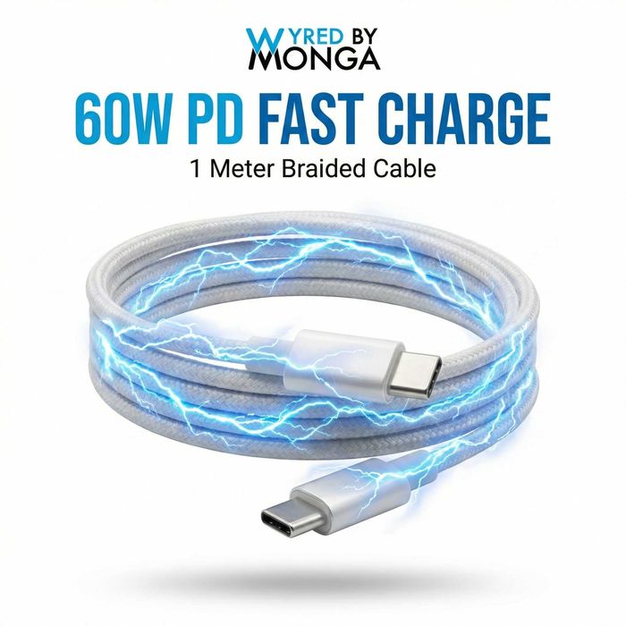 Cablu USB-C la USB-C 60W, Wyred by Monga, 1m, Împletit, Alb, Nou