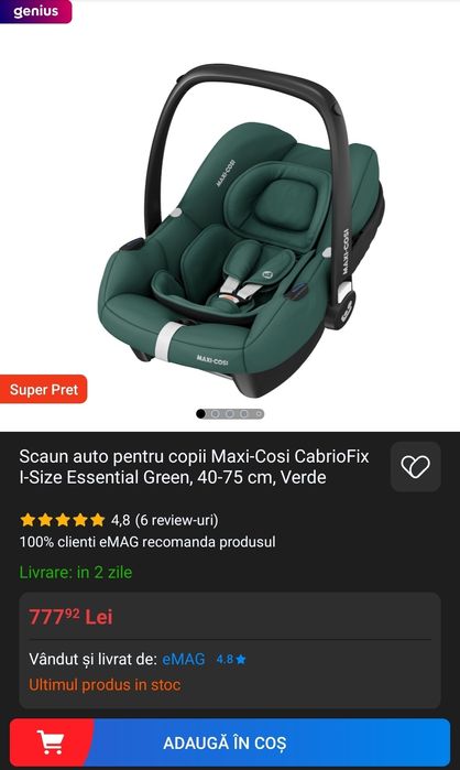 Vând scoica cu tot cu bază Maxi-Cosi CabrioFix I-Size Essential Green.