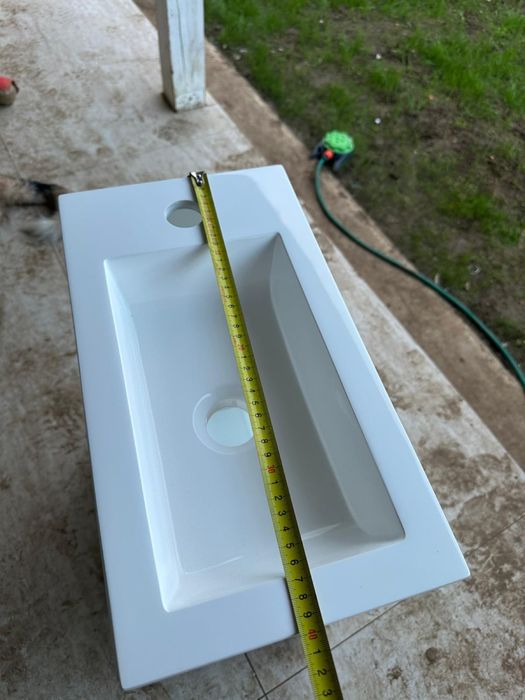 Set mobilier baie Kometmöbel 40 cm cu lavoar și mască, alb lucios, preasamblat