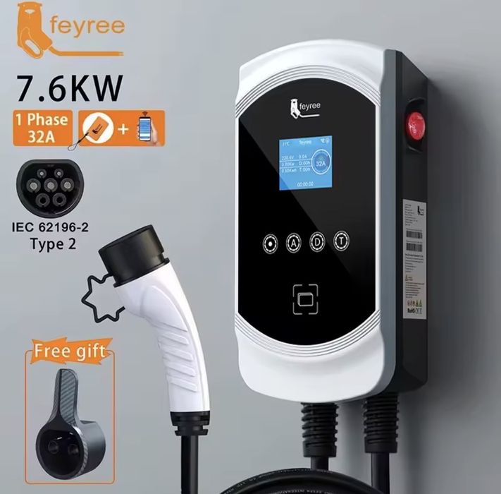 Зарядна станция FEYREE 7.6 kW – WiFi, RFID, LCD дисплей, 32A, Type 2