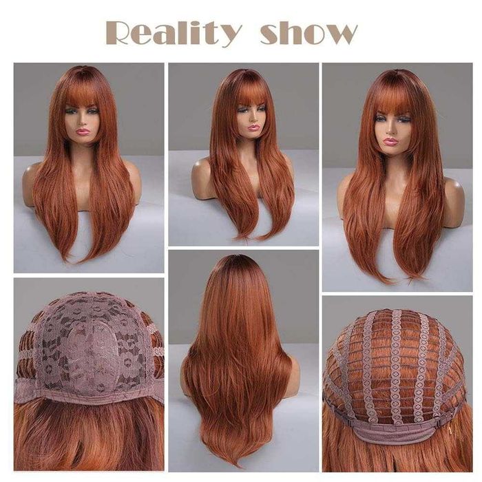 Дълга оранжева перука с тъмни корени и бретон