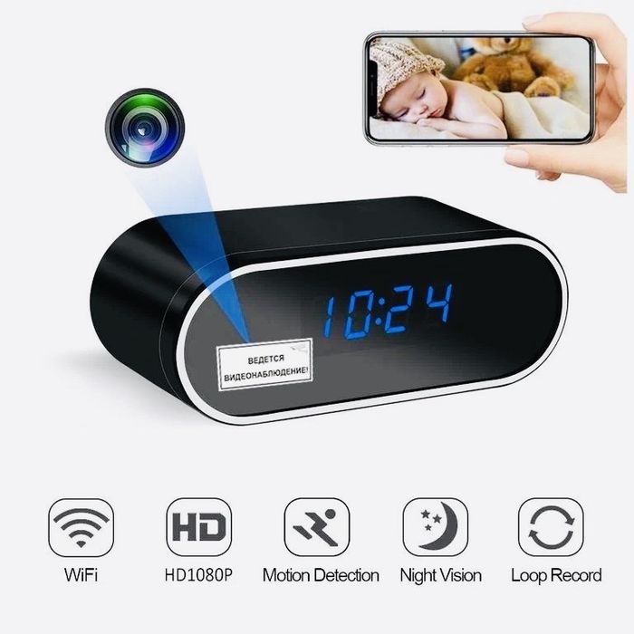 Часы будильник электронный со скрытой видеокамерой 4К 24/7 (Видеоняня)