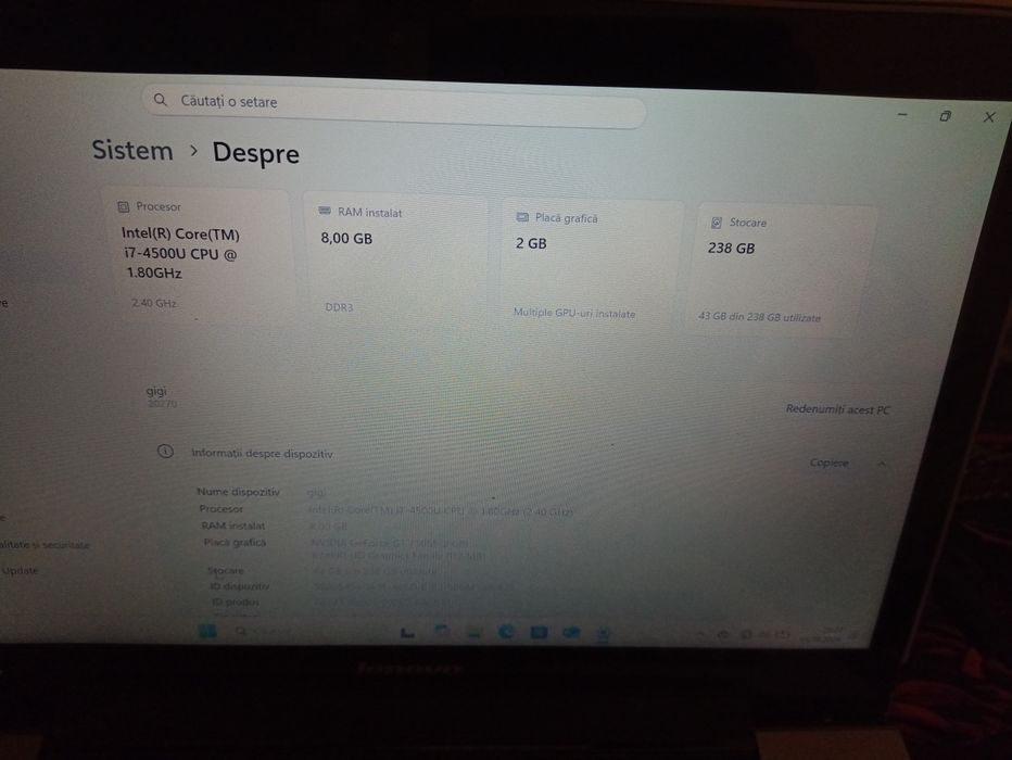Laptop Lenovo i7, RAM 8 GB, SSD 256GB