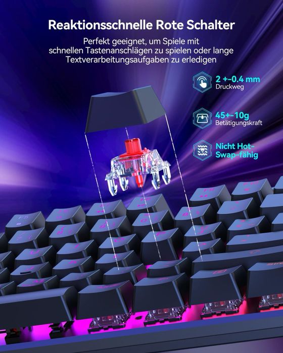TECKNET Tastatură Mecanică pentru Jocuri 109 Taste cu Comutatoare Roșii – QWERTZ