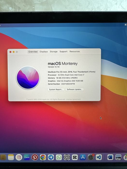Macbook Pro 13.3, 1ТБ SSD, I7 Touch Bar, 16GB 3.3 GHz