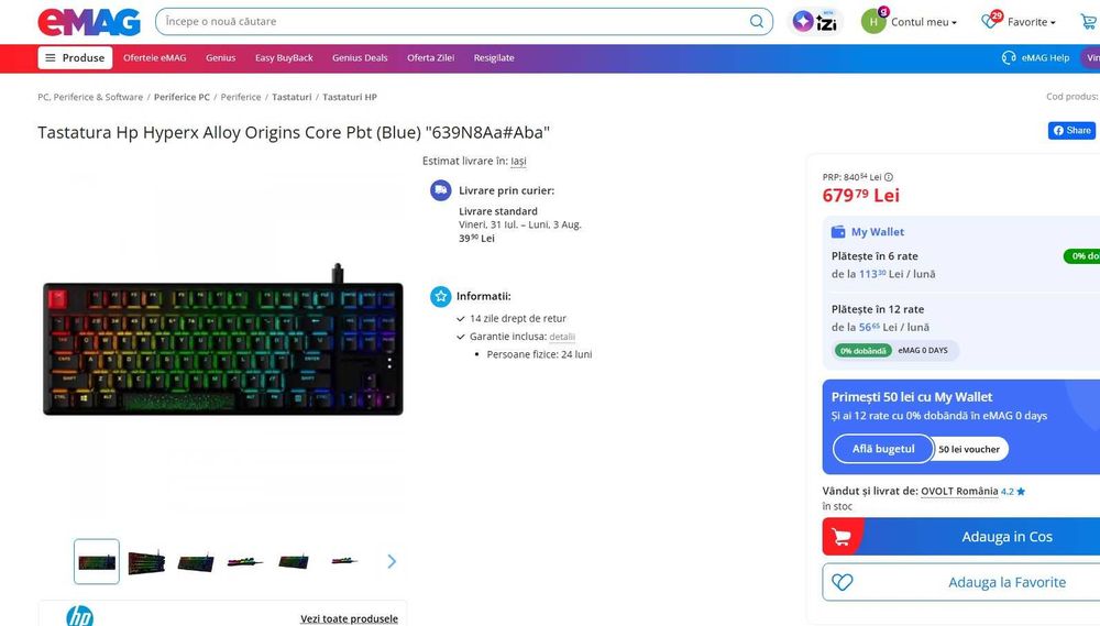 Tastatura  Mecanica , GAMING Hp Hyperx Alloy Origins Core , Ps5 , Ps4 ,Xbox one