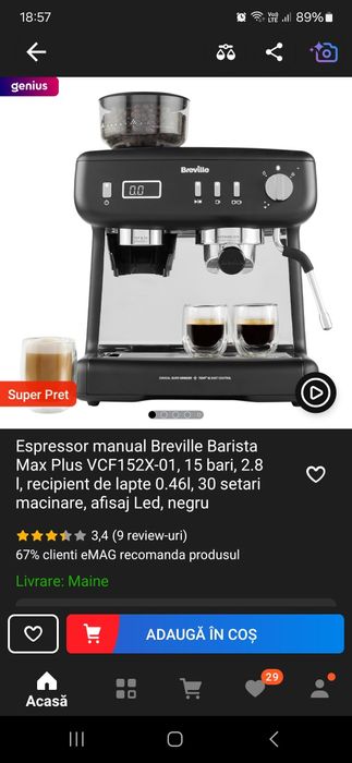Espressor manual Breville Barista Max Plus VCF152X-01, 15 bari, 2.8 l,