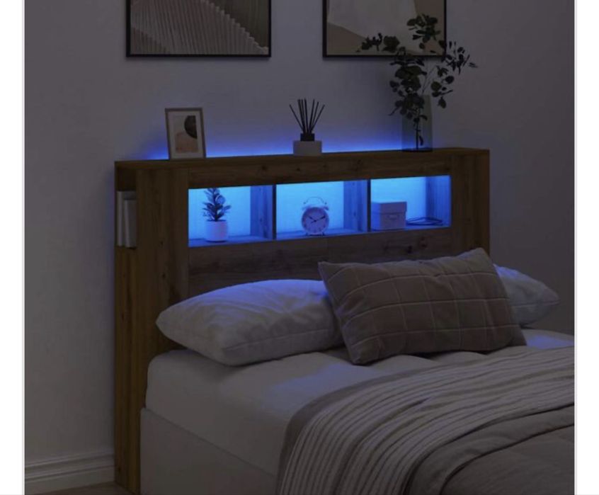 Tăblie de pat cu LED, stejar artizanal, 140x18,5x103,5 cm, lemn stratificat