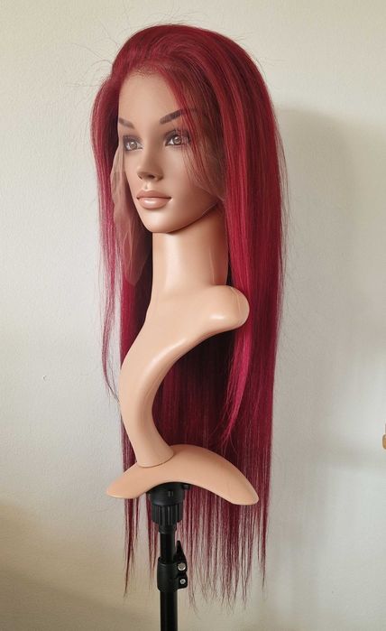 Естествена бордо тъмно червена дантелена перука 80 см - 13x6 Lace