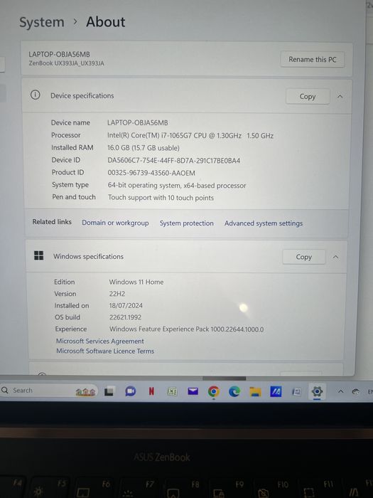 Laptop Asus Zenbook intel i7, 16 gb, 14" laptop gaming