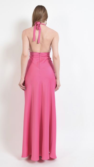 Rochie lunga elegantă fucsia cu broșa la talie-Poema
