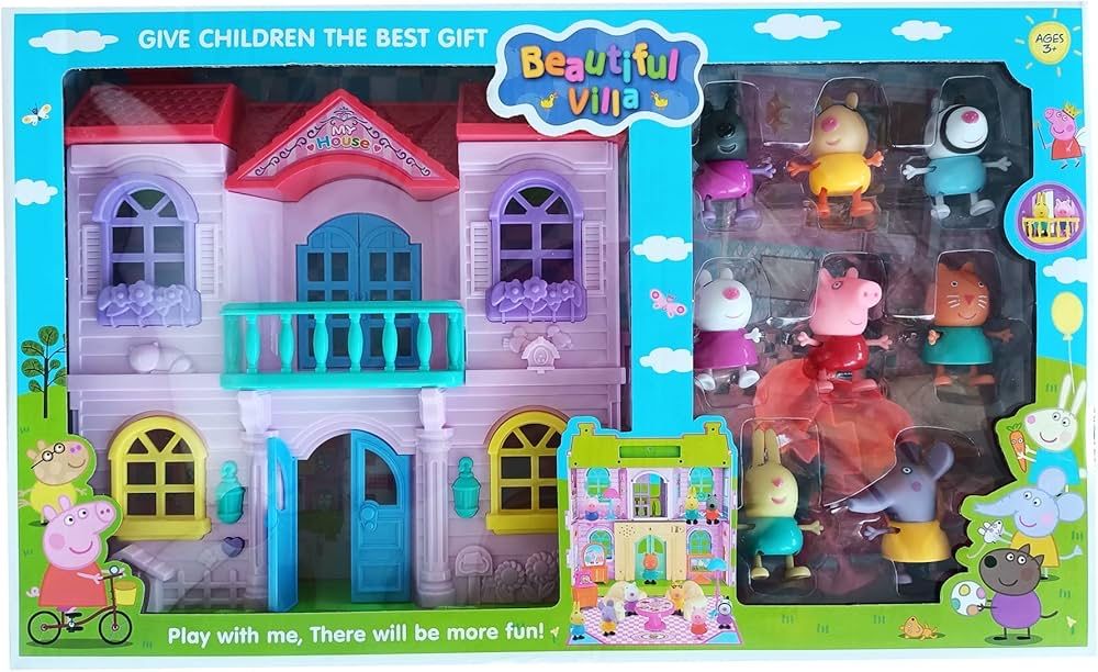 Set cu 8 figurine Peppa Pig si prietenii si faimoasa sa Vila, NOUA