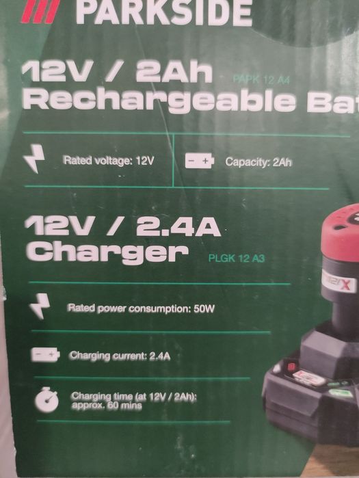 Baterie 2 ah 12 V  incarcator 2.4 ah Parkside set  acumulator