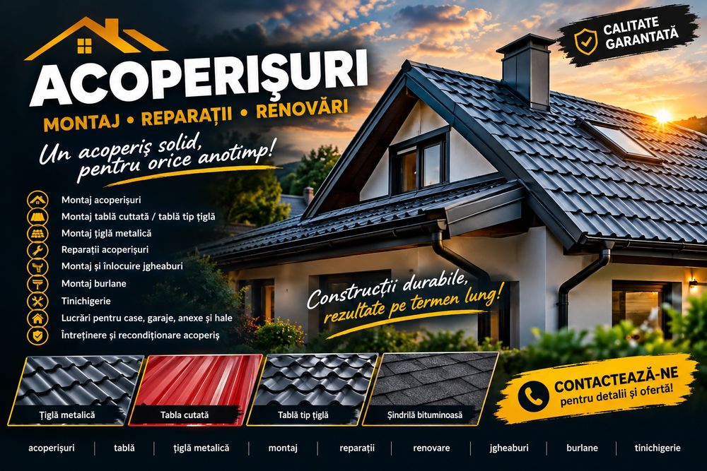 Acoperișuri • Montaj tablă • Reparații acoperiș • Învelitori • Renovări