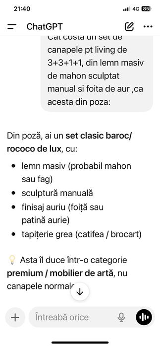 Set canapele lemn masiv mahon sculptat manual  cu foita de aur