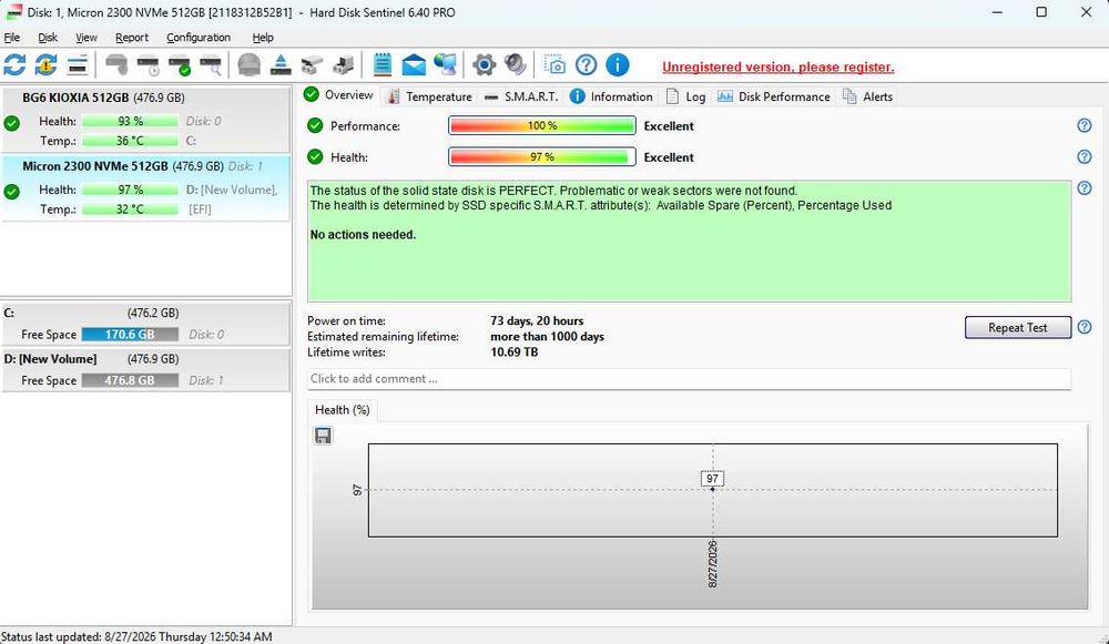 SSD Micron 2300 M2 NVMe 512GB cu health cuprins intre 93%-97%