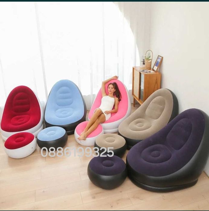 Надуваем фотьойл и табуретка за крака, Син/Бежов/Шарен