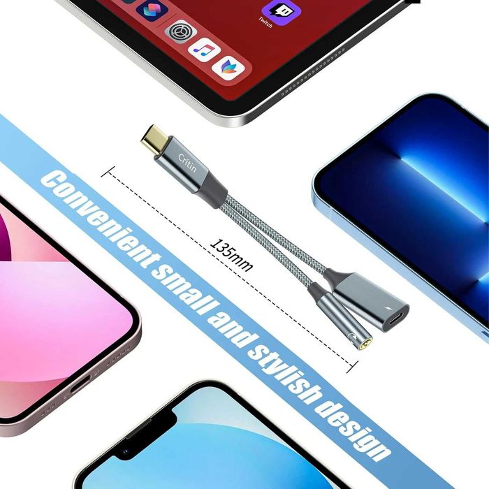 Преходник DAC USB C към 3,5 мм Aux жак за слушалки и адаптер за зарядно USB C 60W бързо зареждане