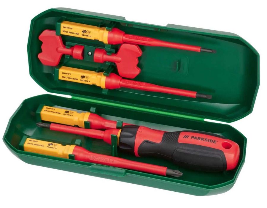 PARKSIDE комплект 1000V VDE отвертка-държач и накрайници,в компактна пластмасова кутия