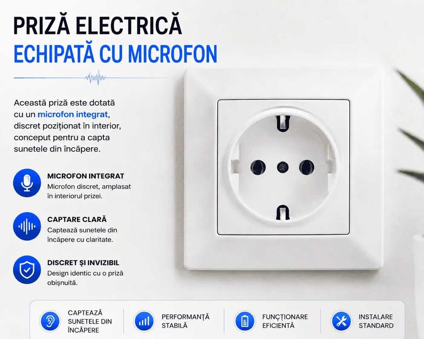 Microfon Spion Profesional cu cartela GSM, Integrat in Priza Clasica 220V de Perete cu Activare Vocala SMT SECURITY