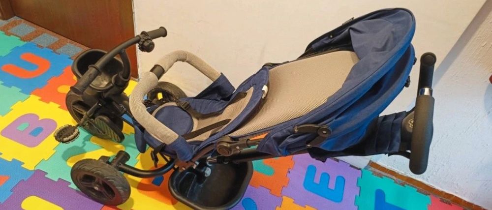 Tricicleta Kinderkraft Aveo bleumarin cu gri, cu șezut rotativ