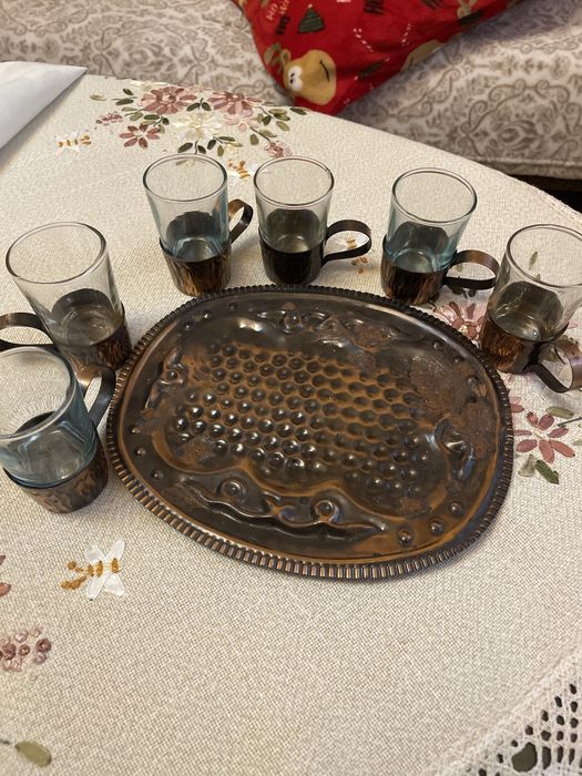 Set de 6 pahare din sticla si cupru