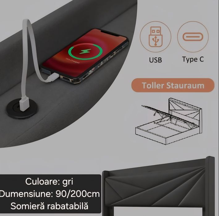PROMO Pat dormitor 90/200cm, gri, USB