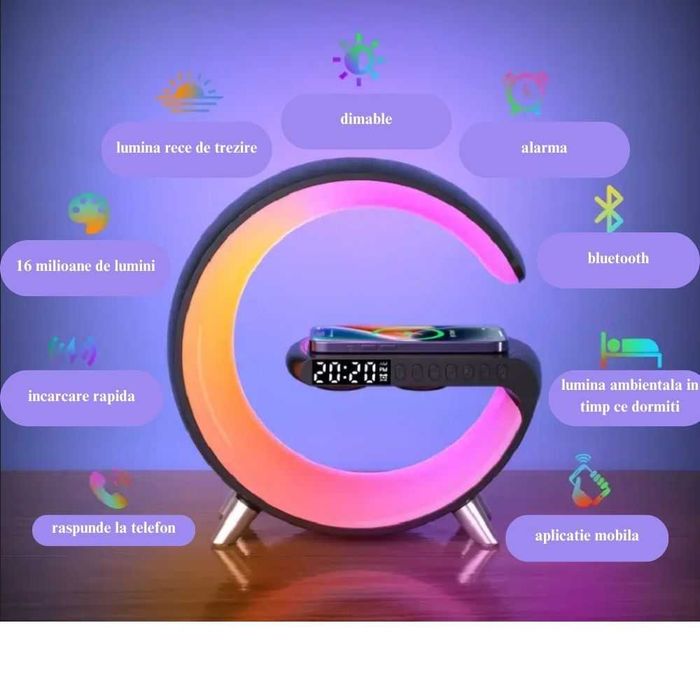 Incarcator wireless, 9 in 1 Functii, Cu ceas, Lampa smart, Alarma etc