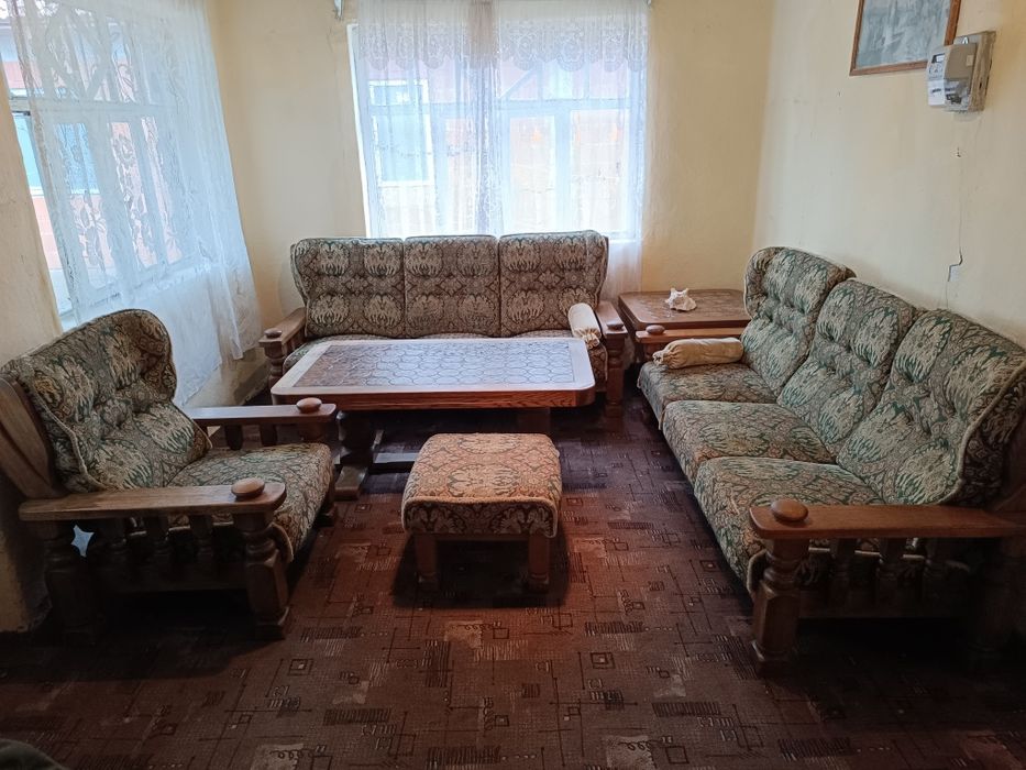 Set canapele +fotoliu + măsuțe lemn masiv Stejar