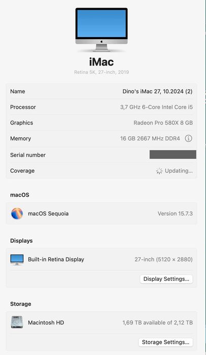iMac 27 Retina 5k Radeon Pro 8GB Video, 2TB Fusion Drive