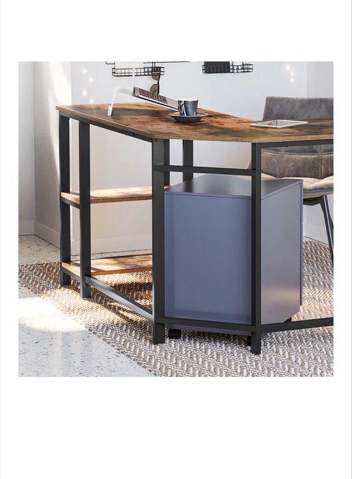 Birou de colt, VASAGLE, 2 rafturi aspect lemn, cadru metalic, 138 x 138 x 75 cm, Maro Inchis, LWD72X, nou