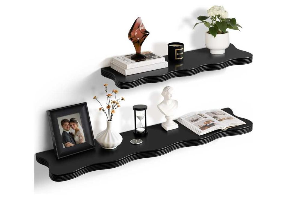 Raft perete suspendat negru 60 cm 90 cm decor ondulat raft lung pentru carti plante baie living