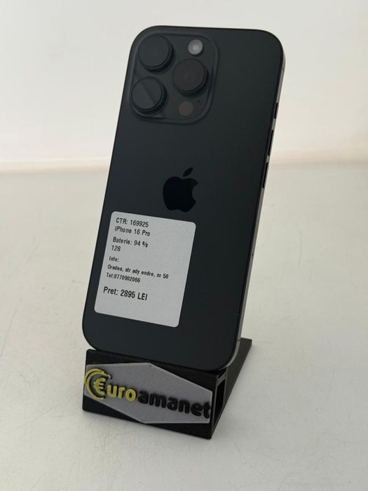 Telefon mobil Apple iPhone 16 Pro, 128GB, 5G, Black Titanium -A-