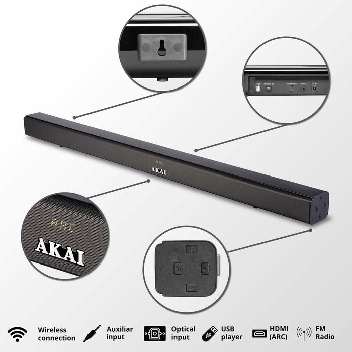 Soundbar AKAI ASB-5L, 2.0 canale, 40 W, Bluetooth, USB, HDMI (ARC)