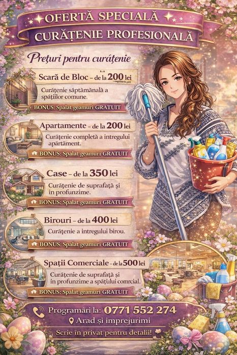 Servicii curățenie, apartamente,case si birouri ,scara de bloc!