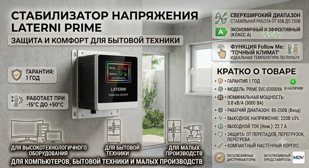 Настенный стабилизатор напряжения PRIME SVC-D3000VA 3000 ВА / 85–250В