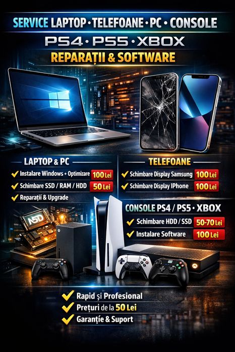 Service Laptop • Telefoane • PC • Console PS4 PS5 Xbox – Reparații & S