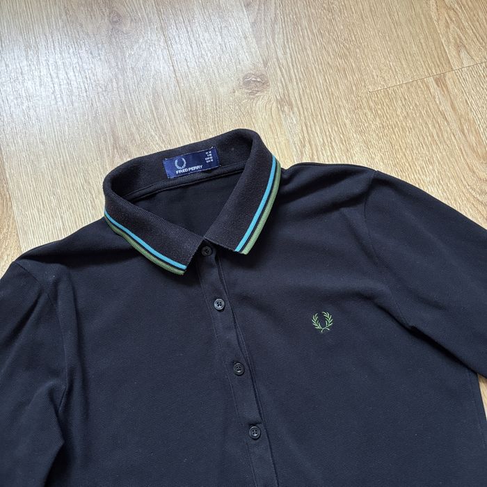 Tricou polo damă Fred Perry, negru bumbac piqué twin tipped mânecă 3/4 casual top, size L