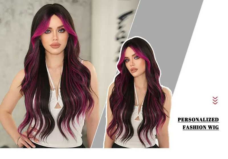 Ефектна черна перука с розово цилама кичури с дълъг бретон