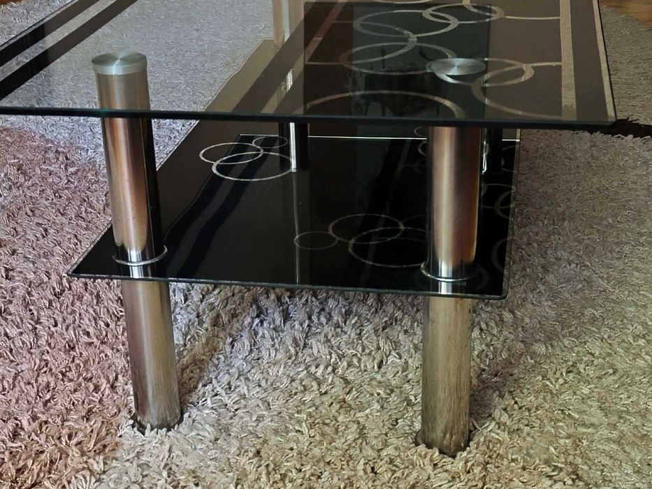 Masă din sticlă securizată, pentru living, cu model abstract