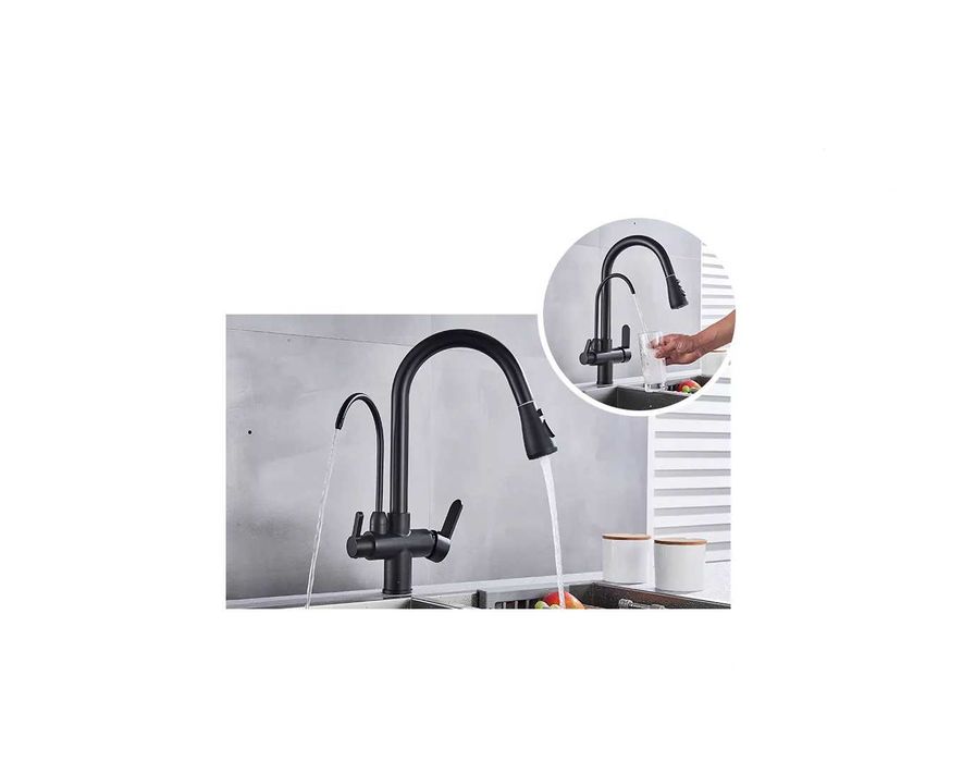 Baterie de bucătărie negru mat cu 3 căi, 2 funcții de furnizare a apei plus duș extractabil S-018