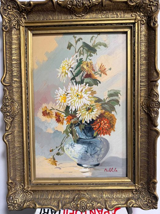 tablou vechi flori in vaza pictat in ulei dim 54x75 cm pictura in ulei tablou vechi in ulei