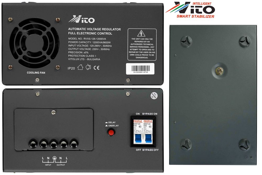 12 KVA ( 9.6KW ) МОНОФАЗНИ  НИСКОВОЛТАЖНИ Симисторни/TRIAC/ Стабилизатори на ток и напрежение в диапазон 120V-290V с Електронно управление,LED дисплей
