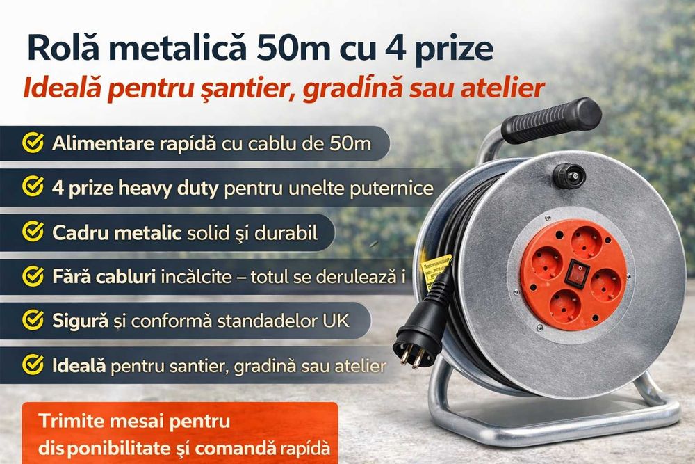 Rola metalica 50m cu 4 prize cablu profesional heavy duty