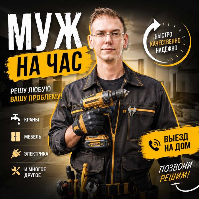 Муж на час. Мастер на час. Электрик. Сантехник. Плотник. Мебельщик
